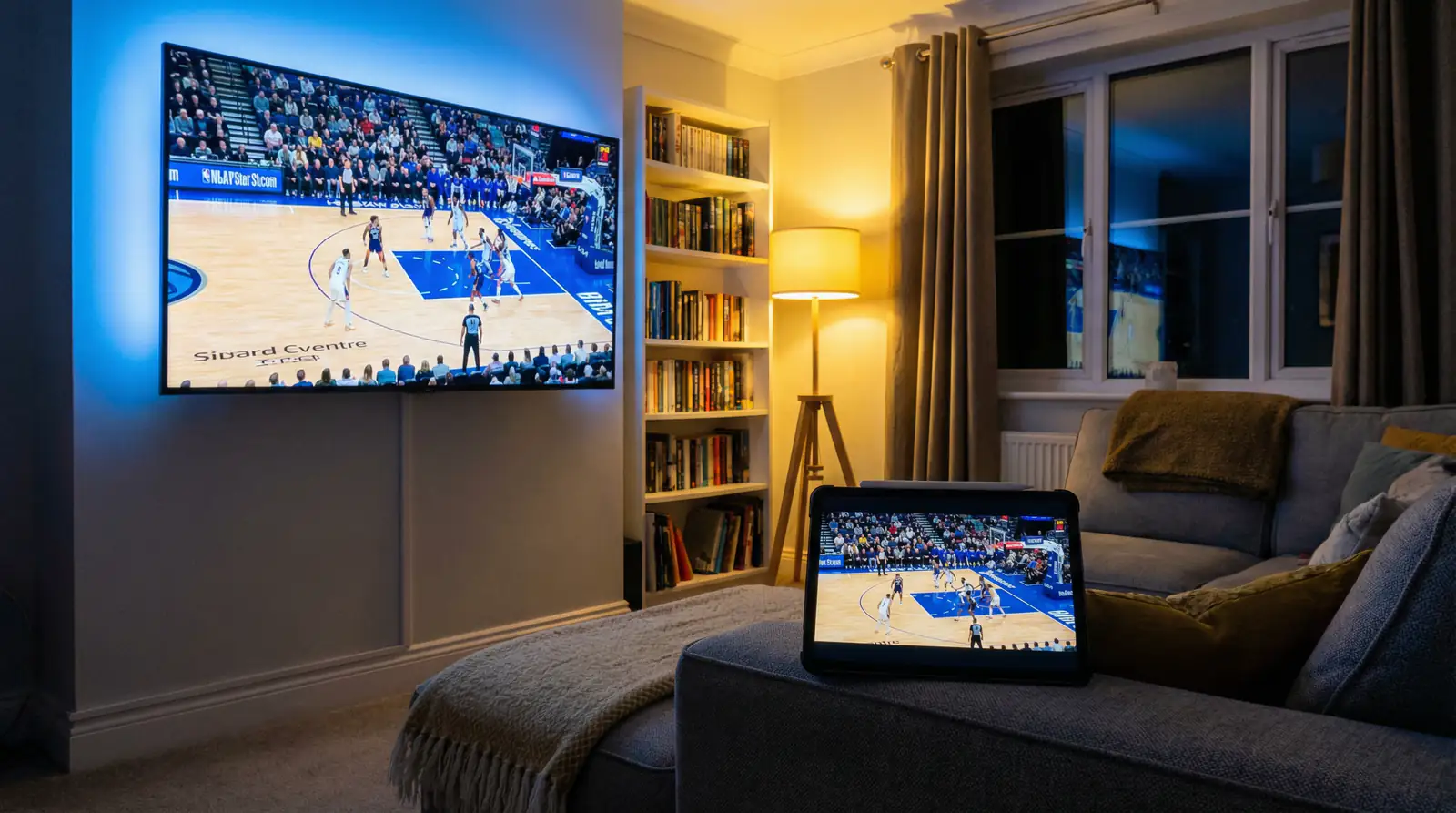 Living room television and tablet both showing a live NBA basketball game broadcast